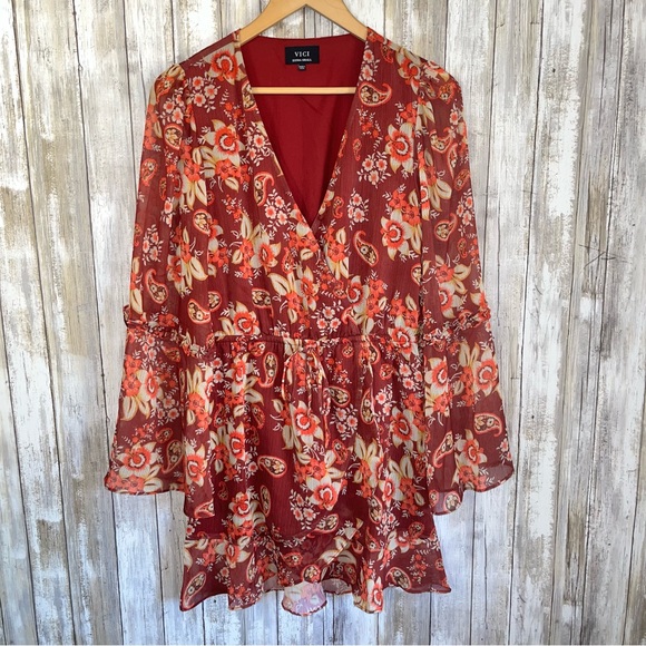 Vici Red Honey Crisp Tie Waist Floral Dress - Picture 2 of 8
